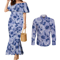 Mokihana Maile Ilima Leis Paniolo Palaka Couples Matching Mermaid Dress and Long Sleeve Button Shirt Hawaiian Polu Spirit LT9 Blue - Polynesian Pride