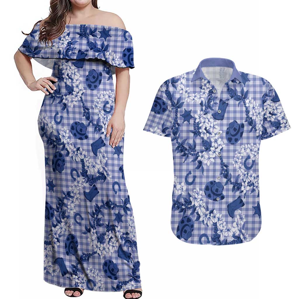 Mokihana Maile Ilima Leis Paniolo Palaka Couples Matching Off Shoulder Maxi Dress and Hawaiian Shirt Hawaiian Polu Spirit LT9 Blue - Polynesian Pride