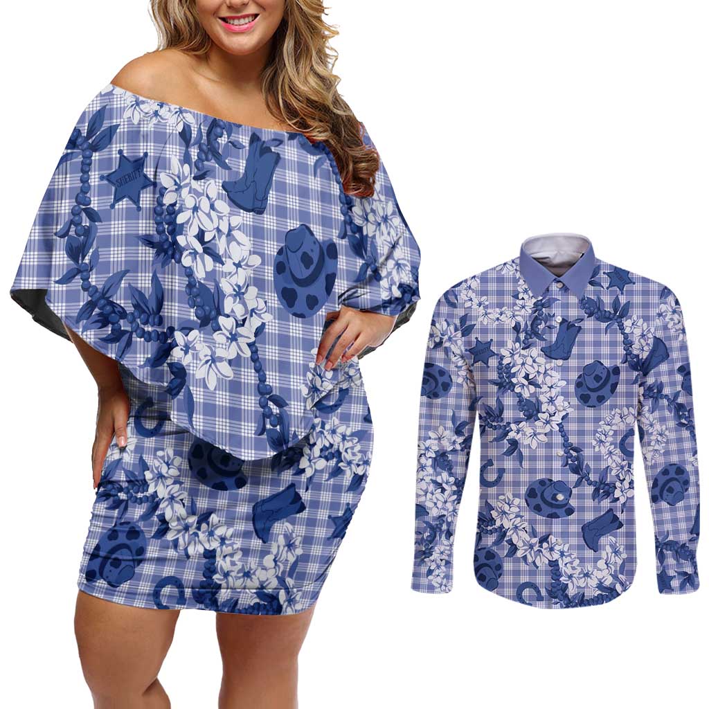 Mokihana Maile Ilima Leis Paniolo Palaka Couples Matching Off Shoulder Short Dress and Long Sleeve Button Shirt Hawaiian Polu Spirit LT9 Blue - Polynesian Pride