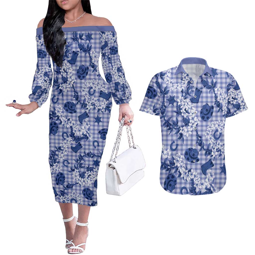 Mokihana Maile Ilima Leis Paniolo Palaka Couples Matching Off The Shoulder Long Sleeve Dress and Hawaiian Shirt Hawaiian Polu Spirit LT9 Blue - Polynesian Pride