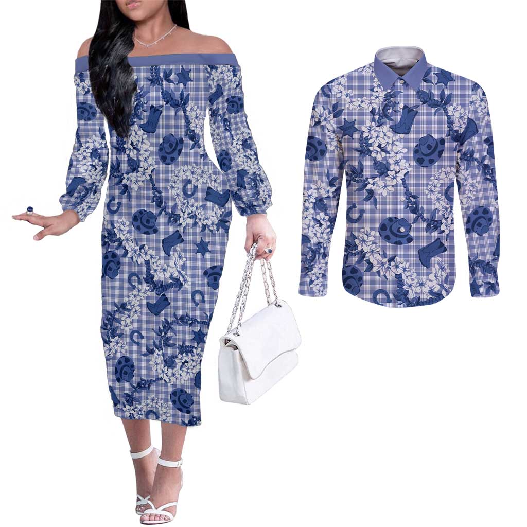 Mokihana Maile Ilima Leis Paniolo Palaka Couples Matching Off The Shoulder Long Sleeve Dress and Long Sleeve Button Shirt Hawaiian Polu Spirit - Polynesian Pride