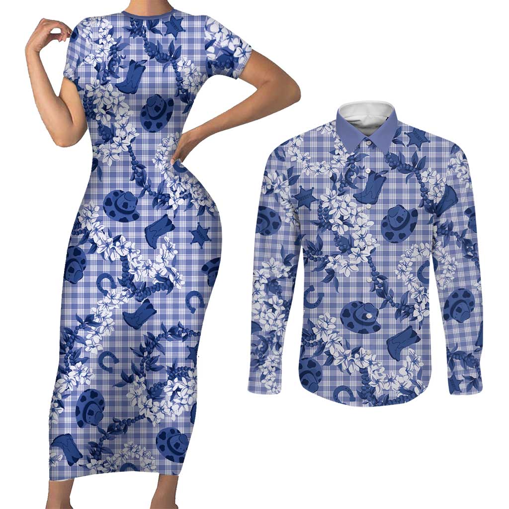 Mokihana Maile Ilima Leis Paniolo Palaka Couples Matching Short Sleeve Bodycon Dress and Long Sleeve Button Shirt Hawaiian Polu Spirit - Polynesian Pride