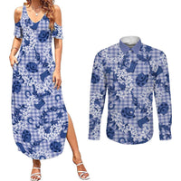 Mokihana Maile Ilima Leis Paniolo Palaka Couples Matching Summer Maxi Dress and Long Sleeve Button Shirt Hawaiian Polu Spirit LT9 Blue - Polynesian Pride