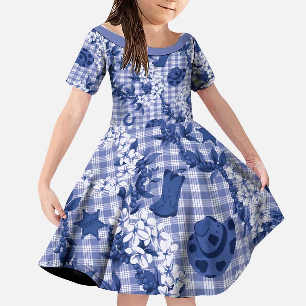 Mokihana Maile Ilima Leis Paniolo Palaka Family Matching Short Sleeve Bodycon Dress and Hawaiian Shirt Hawaiian Polu Spirit LT9 Daughter's Dress Blue - Polynesian Pride