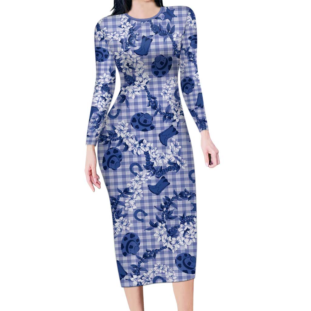 Mokihana Maile Ilima Leis Paniolo Palaka Long Sleeve Bodycon Dress Hawaiian Polu Spirit LT9 Long Dress Blue - Polynesian Pride