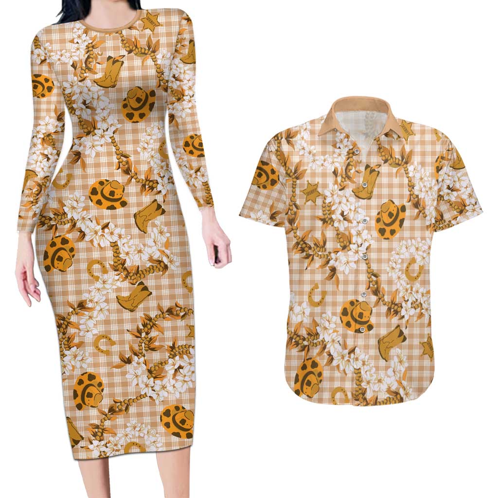 Mokihana Maile Ilima Leis Paniolo Palaka Couples Matching Long Sleeve Bodycon Dress and Hawaiian Shirt Hawaiian Kula Spirit LT9 Gold - Polynesian Pride