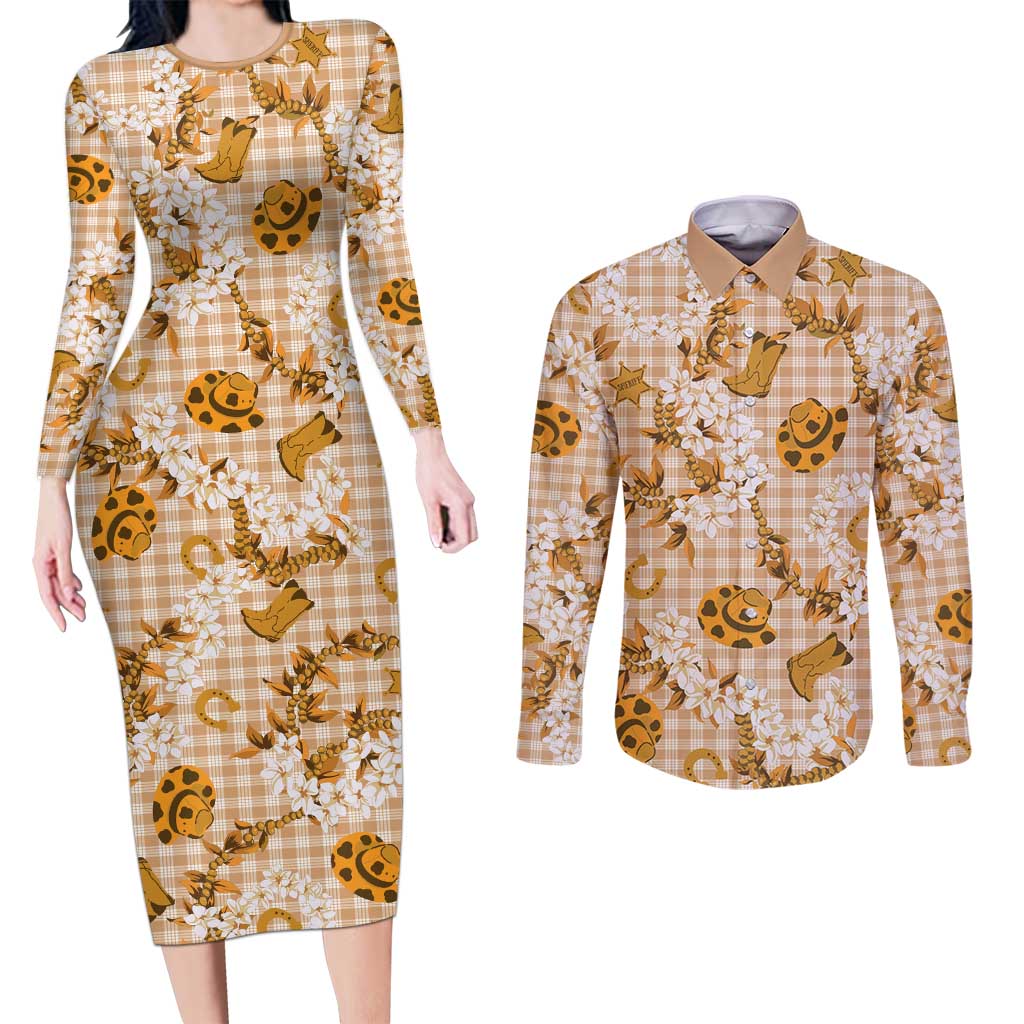 Mokihana Maile Ilima Leis Paniolo Palaka Couples Matching Long Sleeve Bodycon Dress and Long Sleeve Button Shirt Hawaiian Kula Spirit LT9 Gold - Polynesian Pride