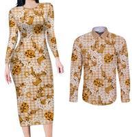 Mokihana Maile Ilima Leis Paniolo Palaka Couples Matching Long Sleeve Bodycon Dress and Long Sleeve Button Shirt Hawaiian Kula Spirit LT9 Gold - Polynesian Pride