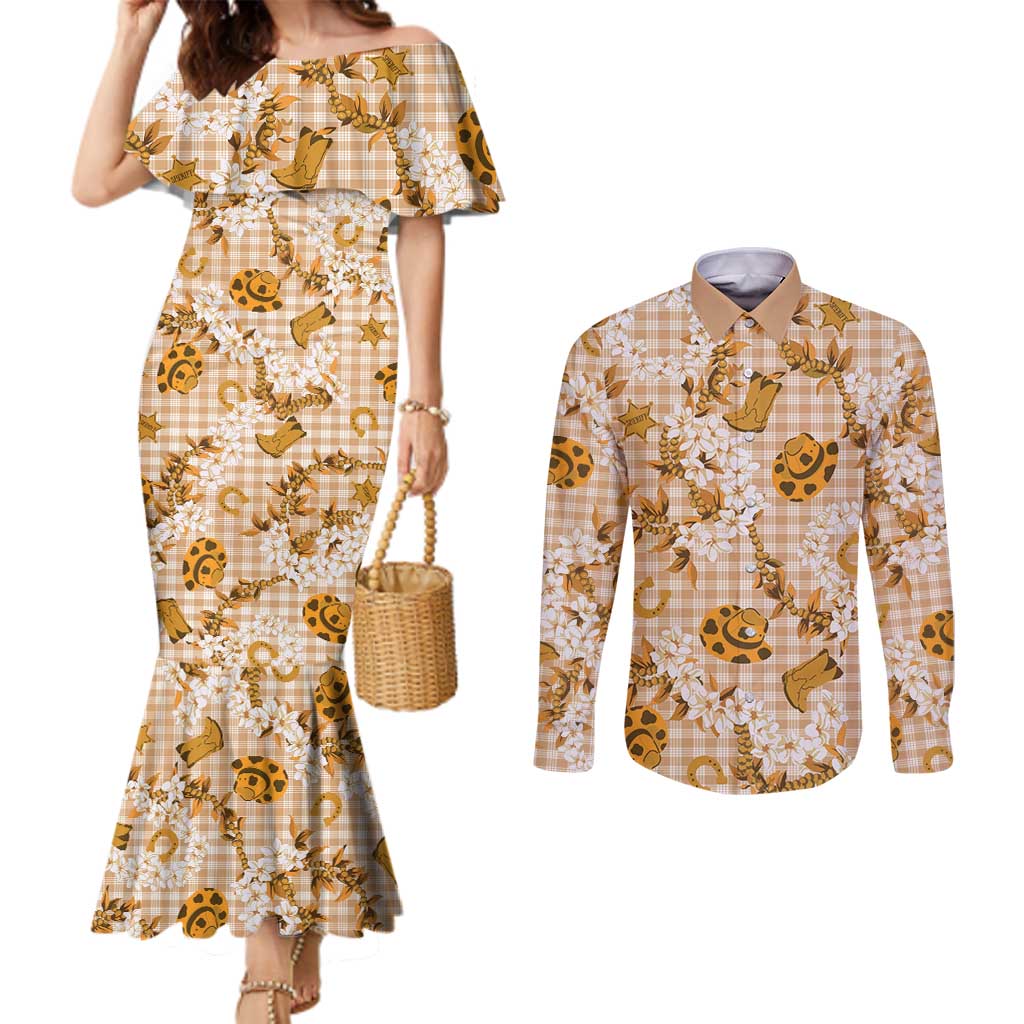 Mokihana Maile Ilima Leis Paniolo Palaka Couples Matching Mermaid Dress and Long Sleeve Button Shirt Hawaiian Kula Spirit LT9 Gold - Polynesian Pride