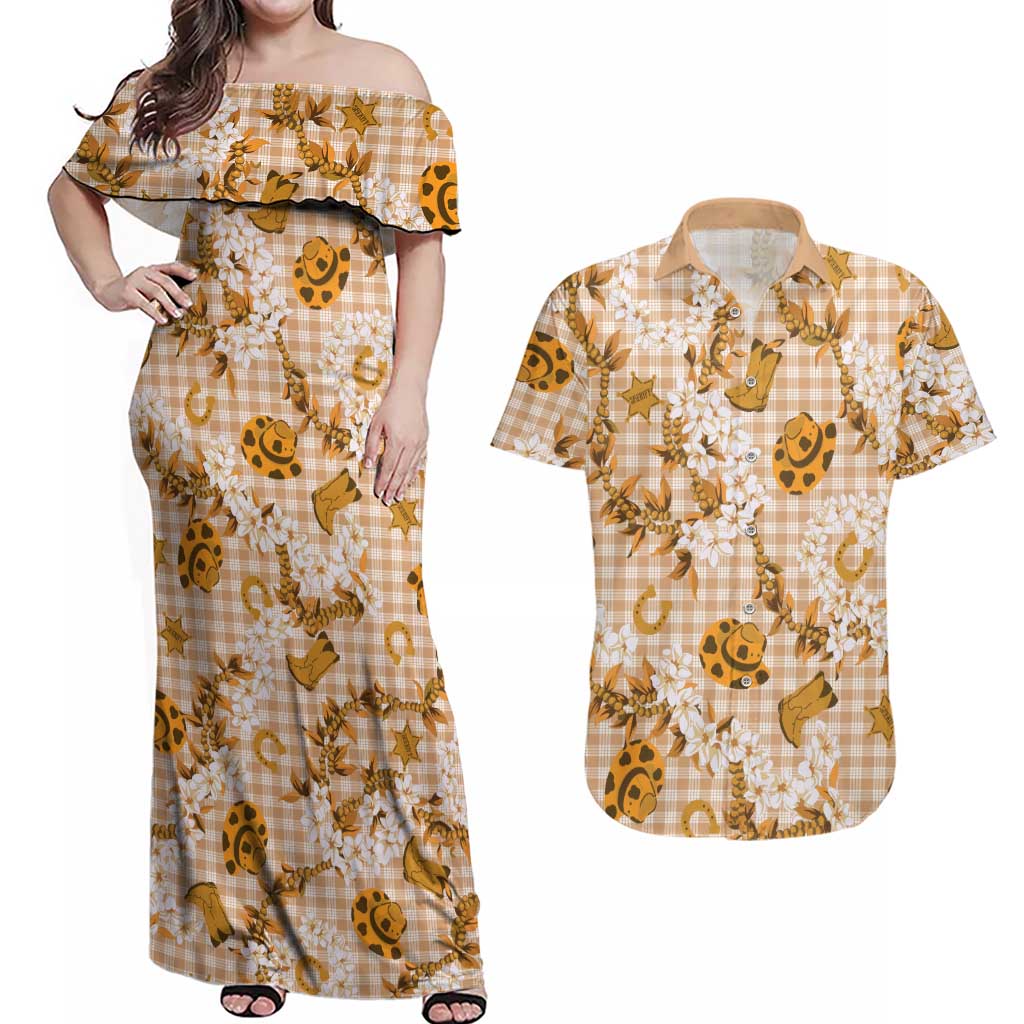 Mokihana Maile Ilima Leis Paniolo Palaka Couples Matching Off Shoulder Maxi Dress and Hawaiian Shirt Hawaiian Kula Spirit - Polynesian Pride