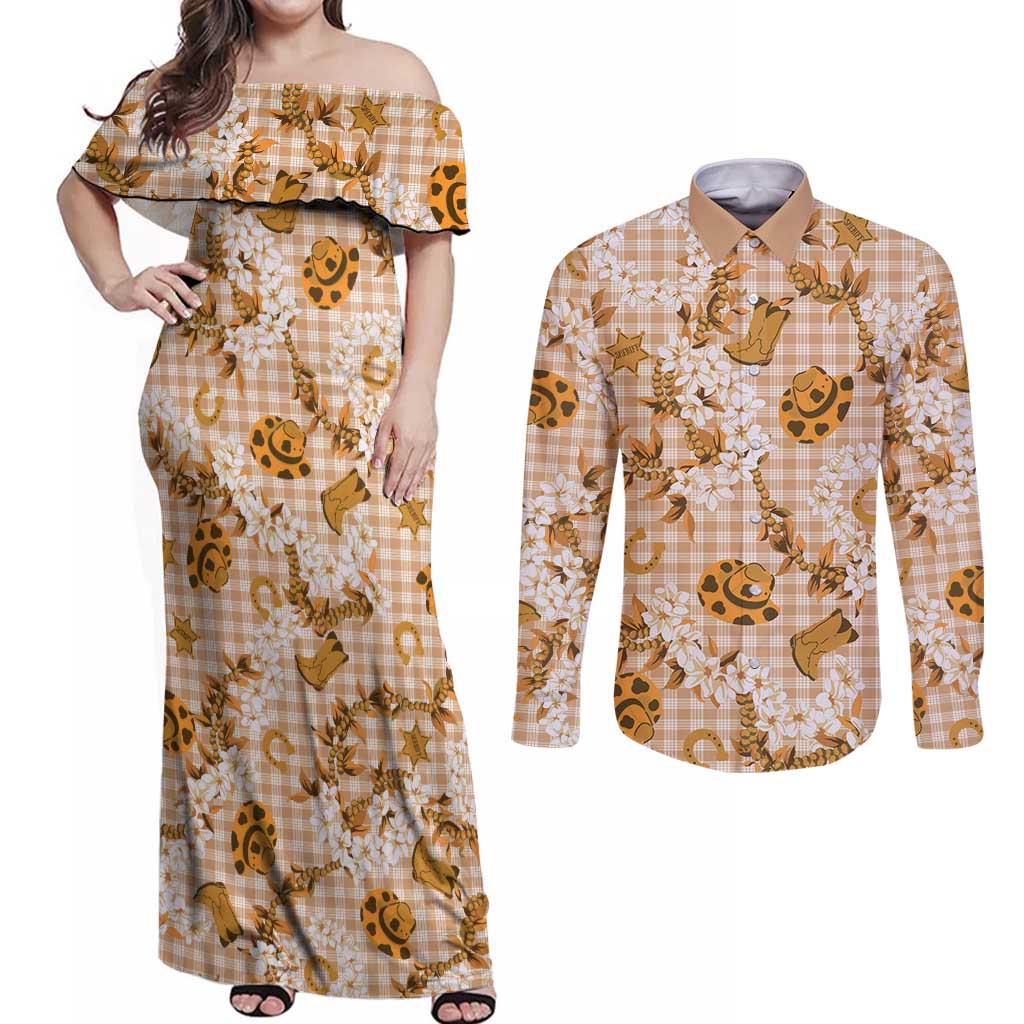 Mokihana Maile Ilima Leis Paniolo Palaka Couples Matching Off Shoulder Maxi Dress and Long Sleeve Button Shirt Hawaiian Kula Spirit - Polynesian Pride