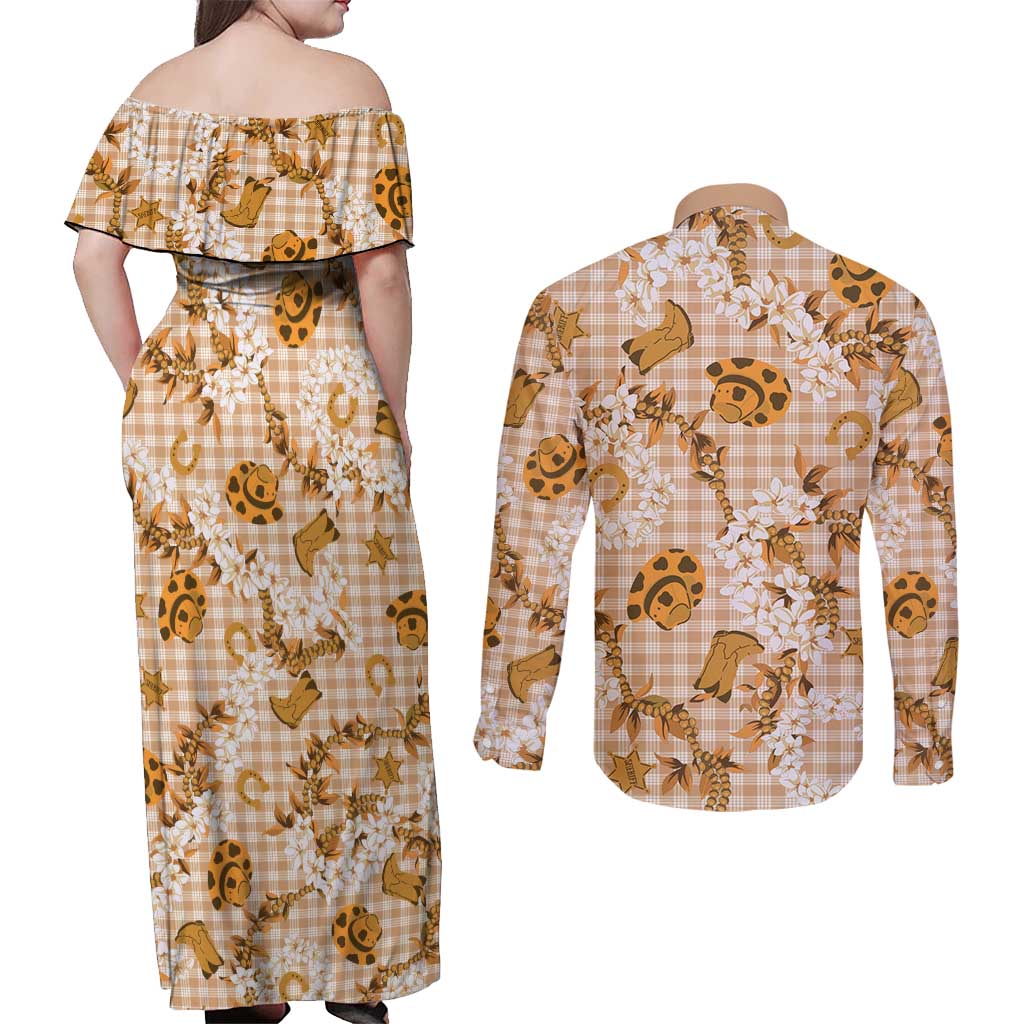Mokihana Maile Ilima Leis Paniolo Palaka Couples Matching Off Shoulder Maxi Dress and Long Sleeve Button Shirt Hawaiian Kula Spirit LT9 - Polynesian Pride