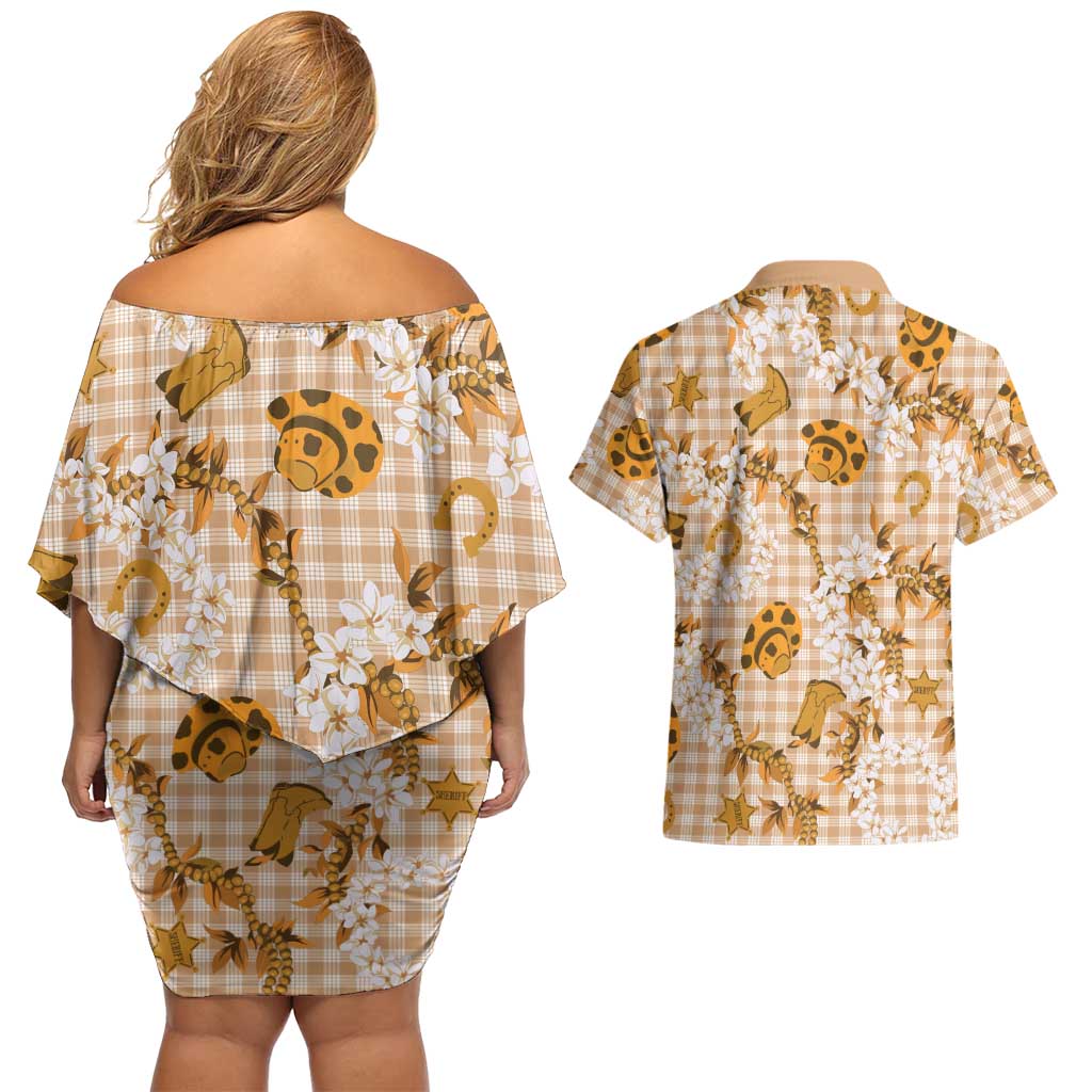 Mokihana Maile Ilima Leis Paniolo Palaka Couples Matching Off Shoulder Short Dress and Hawaiian Shirt Hawaiian Kula Spirit LT9 - Polynesian Pride