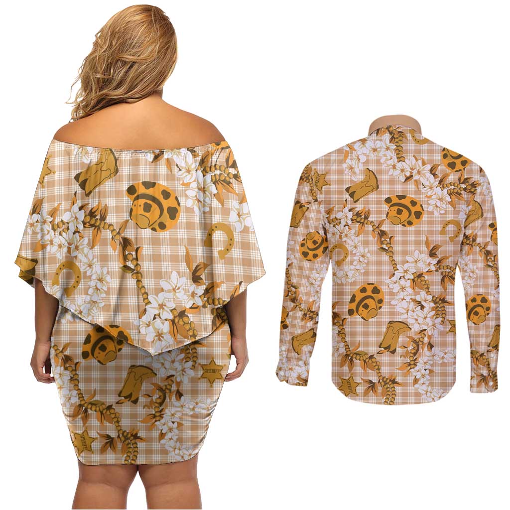 Mokihana Maile Ilima Leis Paniolo Palaka Couples Matching Off Shoulder Short Dress and Long Sleeve Button Shirt Hawaiian Kula Spirit LT9 - Polynesian Pride