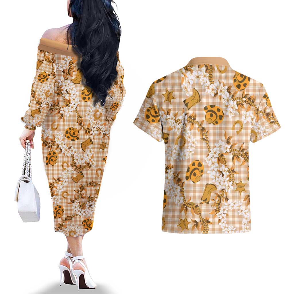 Mokihana Maile Ilima Leis Paniolo Palaka Couples Matching Off The Shoulder Long Sleeve Dress and Hawaiian Shirt Hawaiian Kula Spirit LT9 - Polynesian Pride