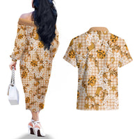Mokihana Maile Ilima Leis Paniolo Palaka Couples Matching Off The Shoulder Long Sleeve Dress and Hawaiian Shirt Hawaiian Kula Spirit LT9 - Polynesian Pride