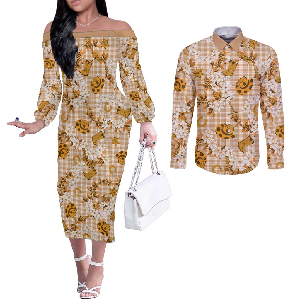 Mokihana Maile Ilima Leis Paniolo Palaka Couples Matching Off The Shoulder Long Sleeve Dress and Long Sleeve Button Shirt Hawaiian Kula Spirit LT9 Gold - Polynesian Pride