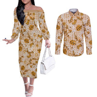 Mokihana Maile Ilima Leis Paniolo Palaka Couples Matching Off The Shoulder Long Sleeve Dress and Long Sleeve Button Shirt Hawaiian Kula Spirit LT9 Gold - Polynesian Pride