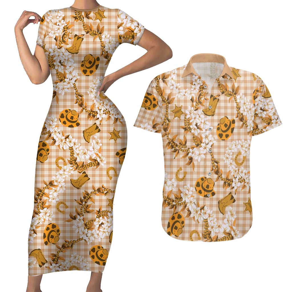 Mokihana Maile Ilima Leis Paniolo Palaka Couples Matching Short Sleeve Bodycon Dress and Hawaiian Shirt Hawaiian Kula Spirit LT9 Gold - Polynesian Pride