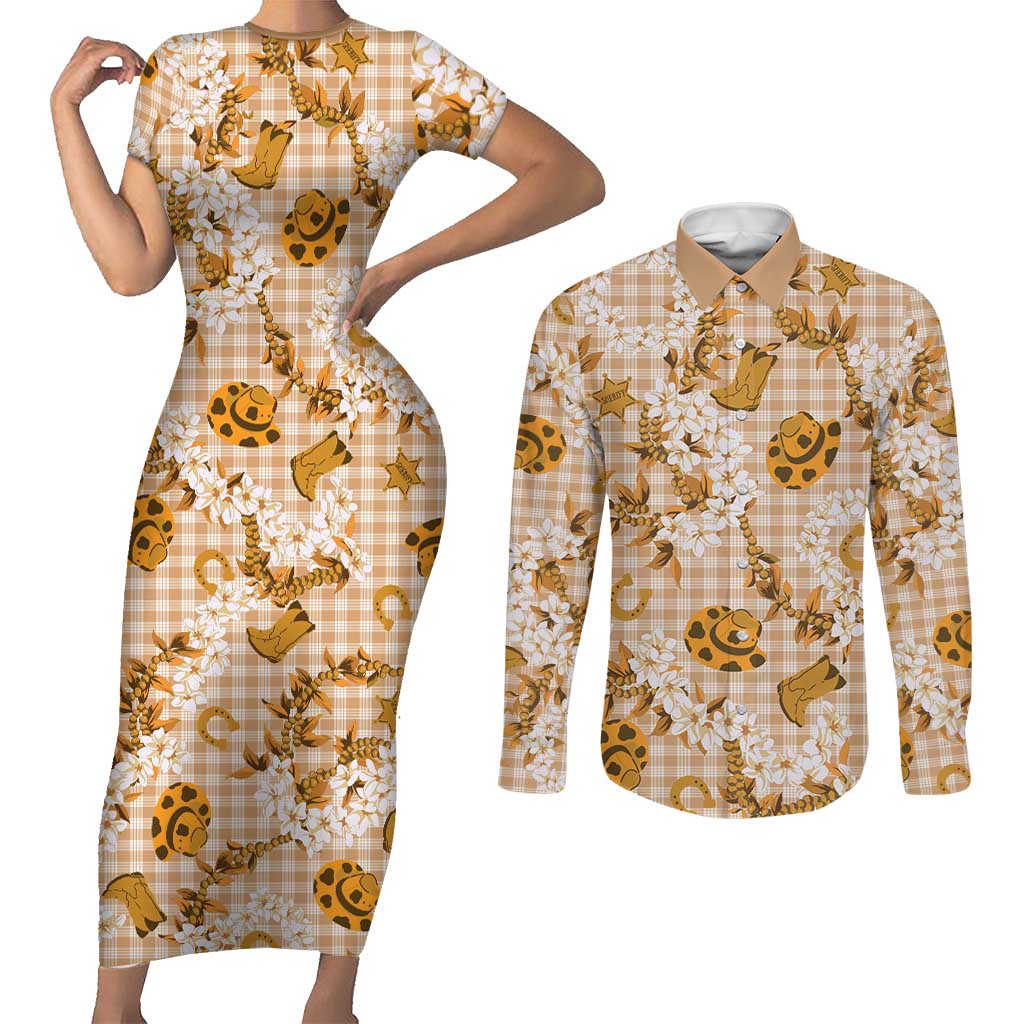 Mokihana Maile Ilima Leis Paniolo Palaka Couples Matching Short Sleeve Bodycon Dress and Long Sleeve Button Shirt Hawaiian Kula Spirit LT9 Gold - Polynesian Pride