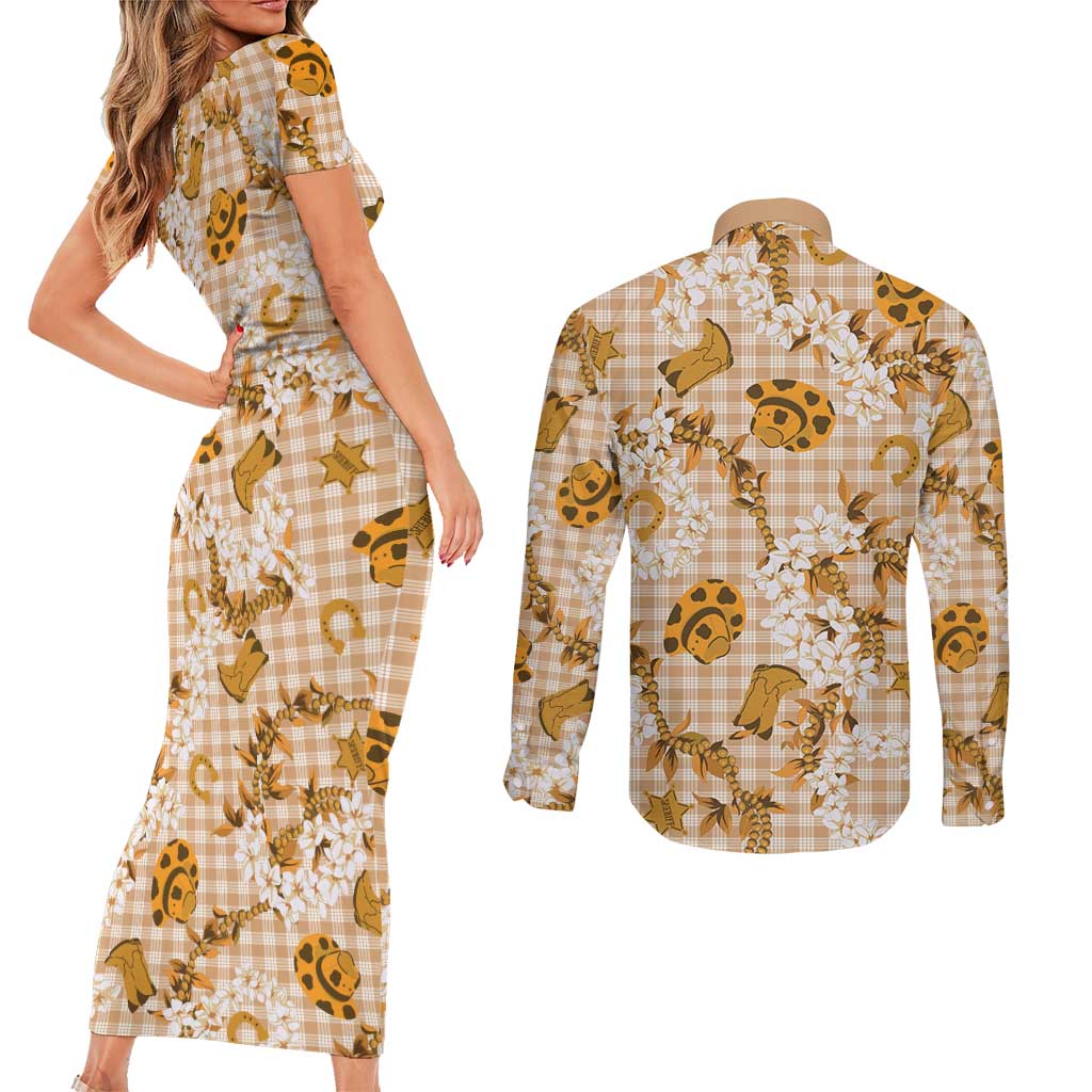 Mokihana Maile Ilima Leis Paniolo Palaka Couples Matching Short Sleeve Bodycon Dress and Long Sleeve Button Shirt Hawaiian Kula Spirit LT9 - Polynesian Pride