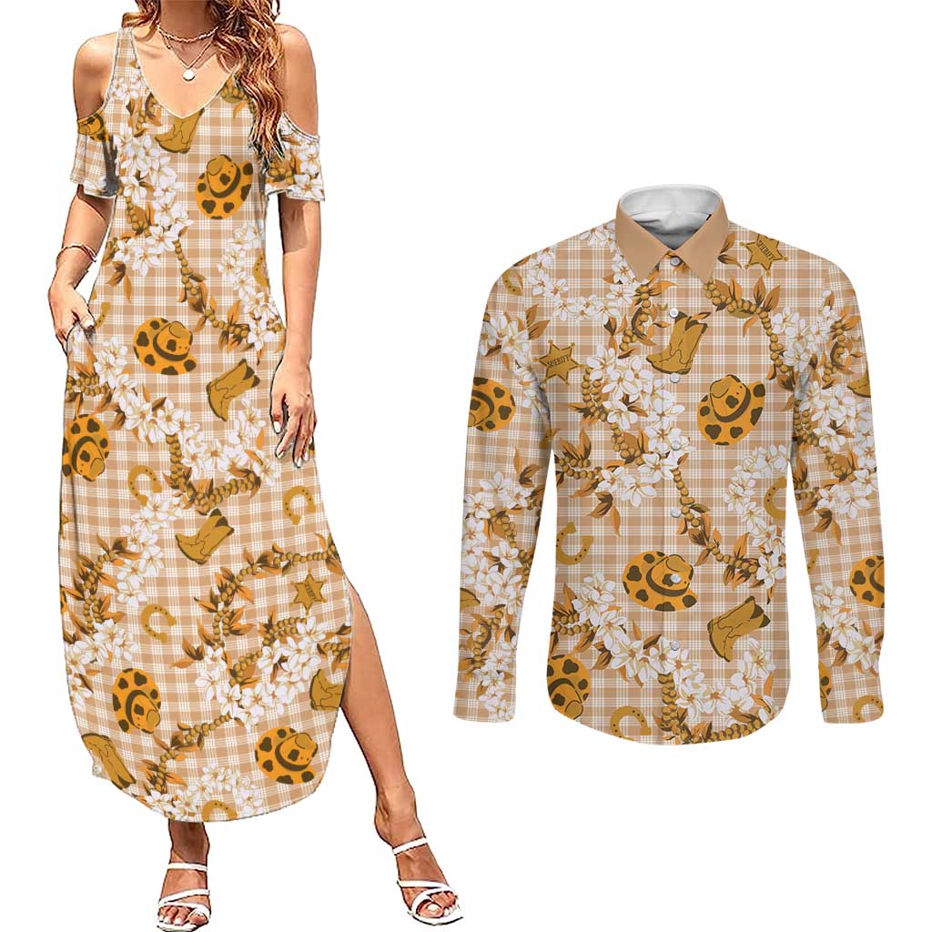 Mokihana Maile Ilima Leis Paniolo Palaka Couples Matching Summer Maxi Dress and Long Sleeve Button Shirt Hawaiian Kula Spirit - Polynesian Pride