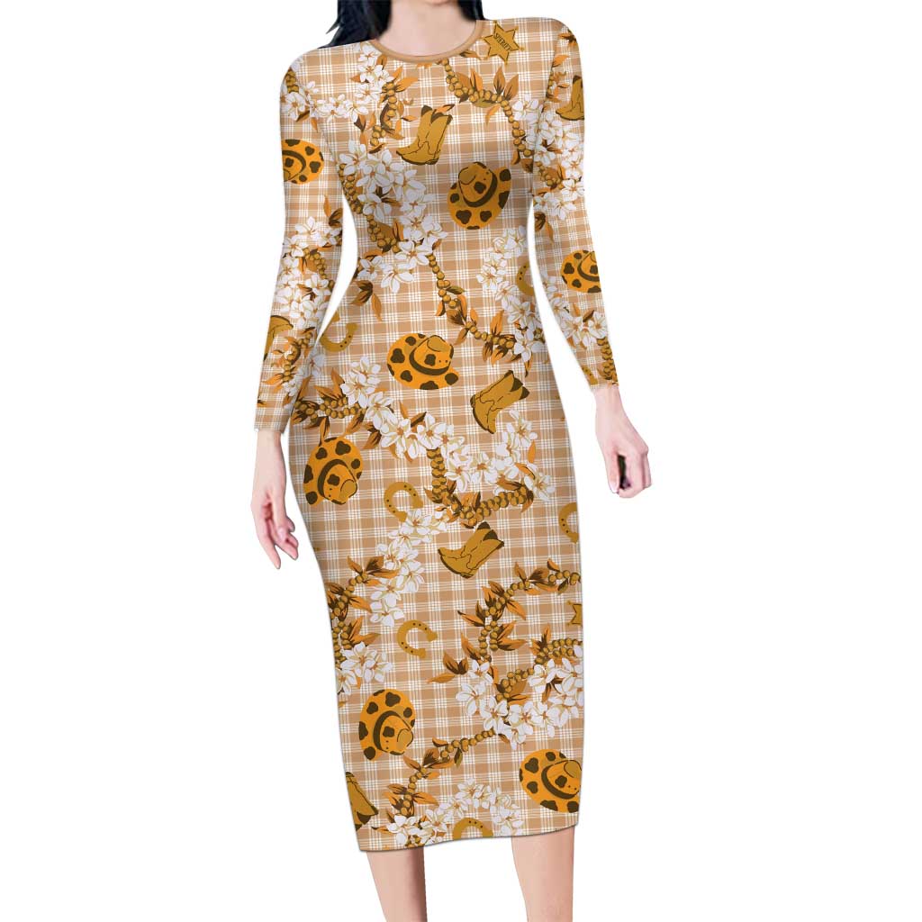 Mokihana Maile Ilima Leis Paniolo Palaka Family Matching Long Sleeve Bodycon Dress and Hawaiian Shirt Hawaiian Kula Spirit LT9 Gold - Polynesian Pride