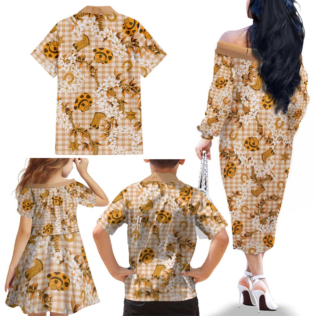 Mokihana Maile Ilima Leis Paniolo Palaka Family Matching Off The Shoulder Long Sleeve Dress and Hawaiian Shirt Hawaiian Kula Spirit LT9 - Polynesian Pride