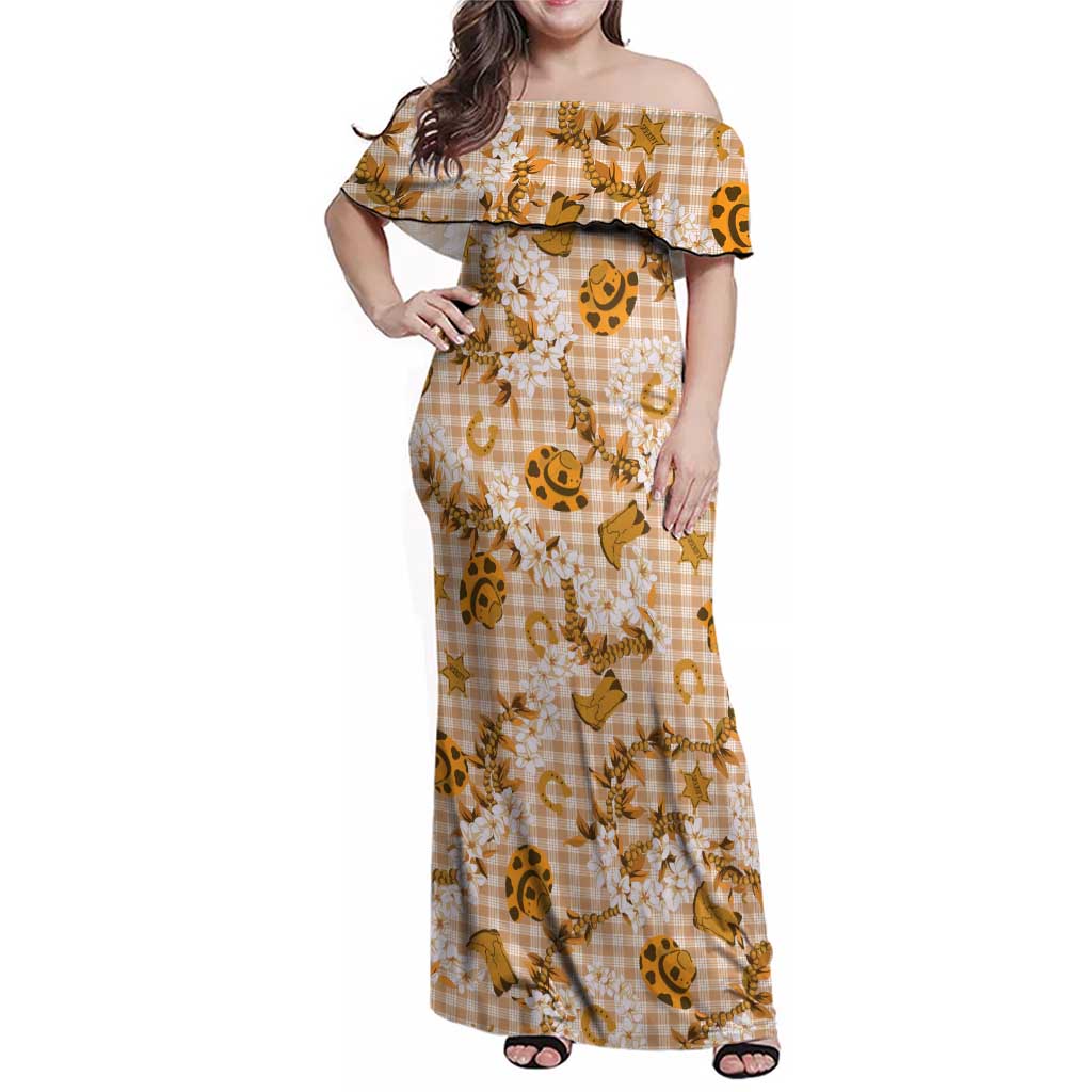 Mokihana Maile Ilima Leis Paniolo Palaka Family Matching Off Shoulder Maxi Dress and Hawaiian Shirt Hawaiian Kula Spirit LT9 Gold - Polynesian Pride