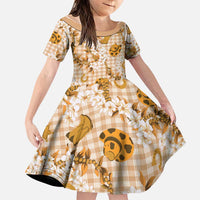 Mokihana Maile Ilima Leis Paniolo Palaka Family Matching Off Shoulder Short Dress and Hawaiian Shirt Hawaiian Kula Spirit LT9 Daughter's Dress Gold - Polynesian Pride