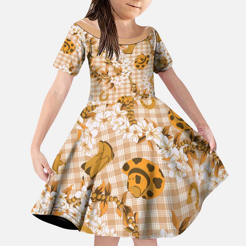 Mokihana Maile Ilima Leis Paniolo Palaka Family Matching Puletasi and Hawaiian Shirt Hawaiian Kula Spirit LT9 Daughter's Dress Gold - Polynesian Pride