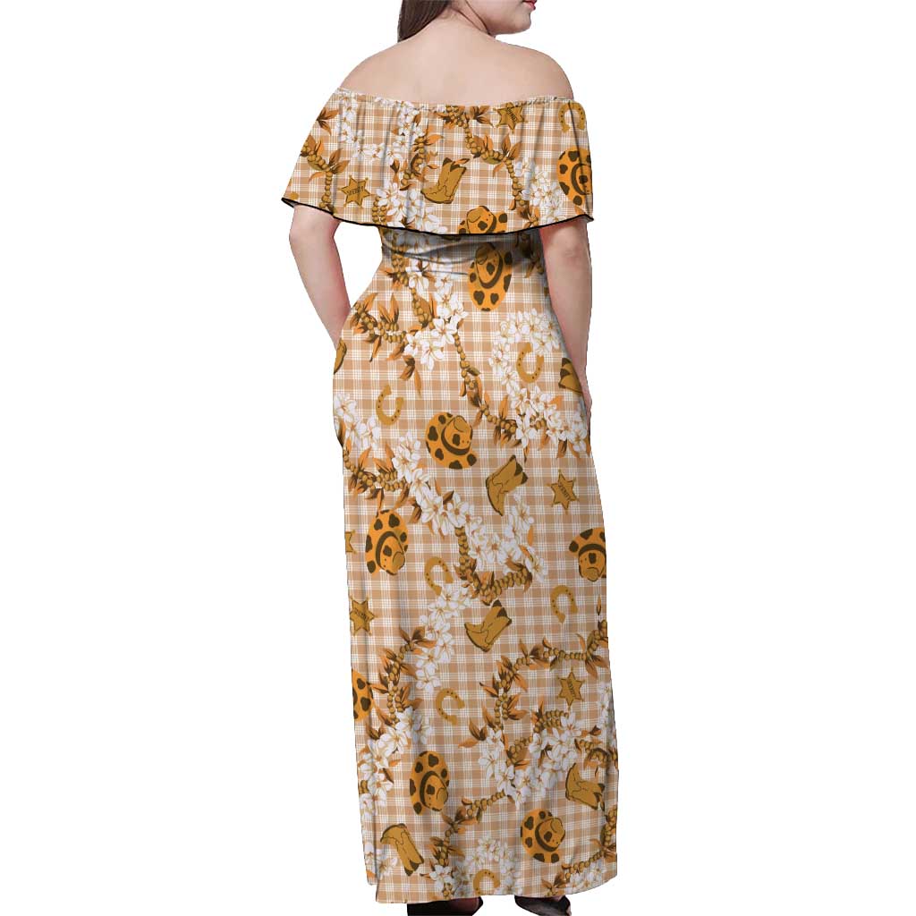 Mokihana Maile Ilima Leis Paniolo Palaka Off Shoulder Maxi Dress Hawaiian Kula Spirit - Polynesian Pride