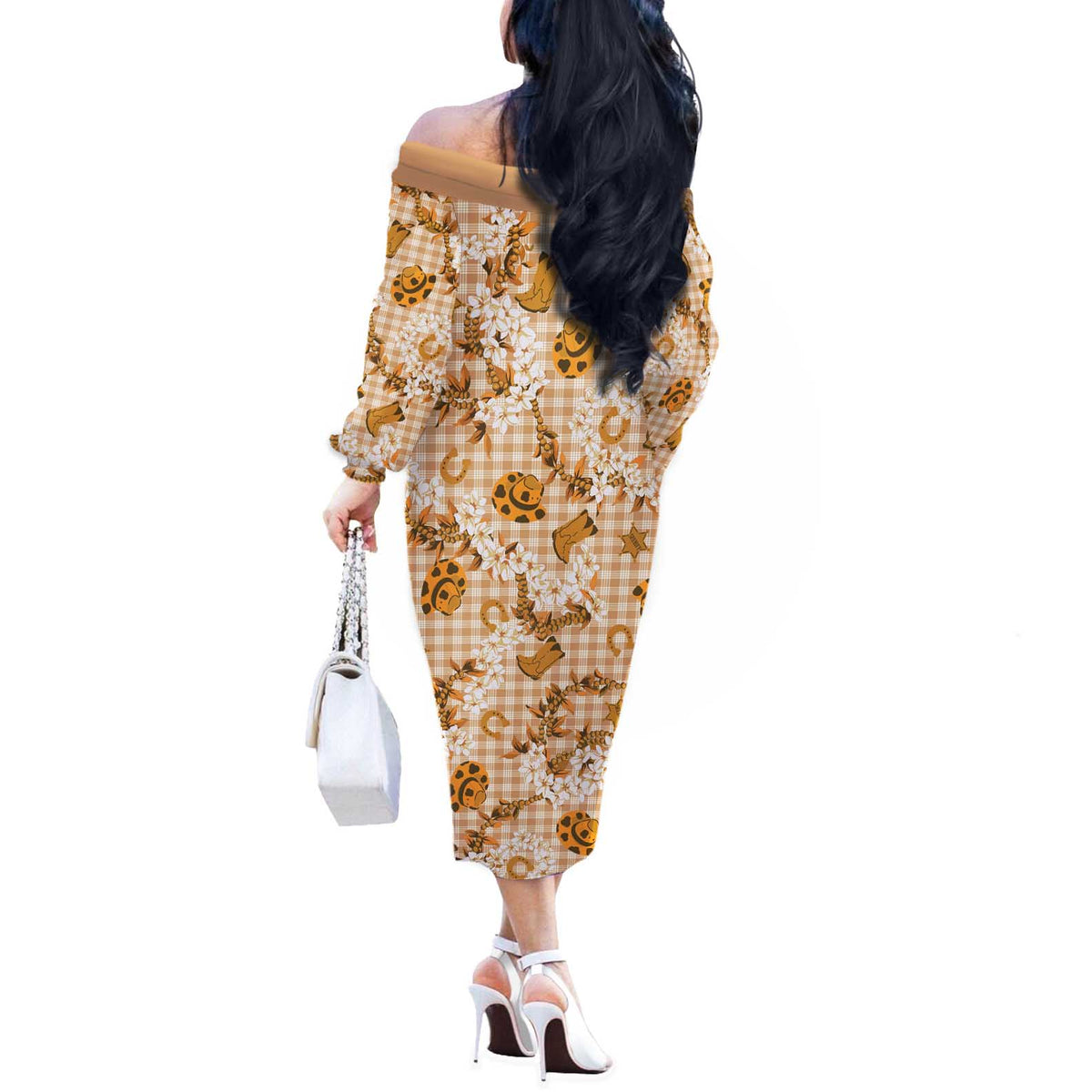 Mokihana Maile Ilima Leis Paniolo Palaka Off The Shoulder Long Sleeve Dress Hawaiian Kula Spirit - Polynesian Pride