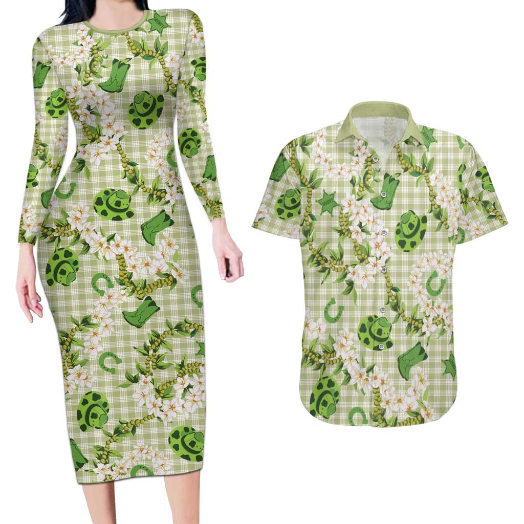 Mokihana Maile Ilima Leis Paniolo Palaka Couples Matching Long Sleeve Bodycon Dress and Hawaiian Shirt Hawaiian Omaomo Ala Spirit LT9 Green - Polynesian Pride