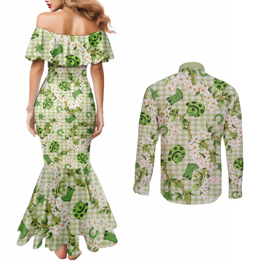Mokihana Maile Ilima Leis Paniolo Palaka Couples Matching Mermaid Dress and Long Sleeve Button Shirt Hawaiian Omaomo Ala Spirit LT9 - Polynesian Pride