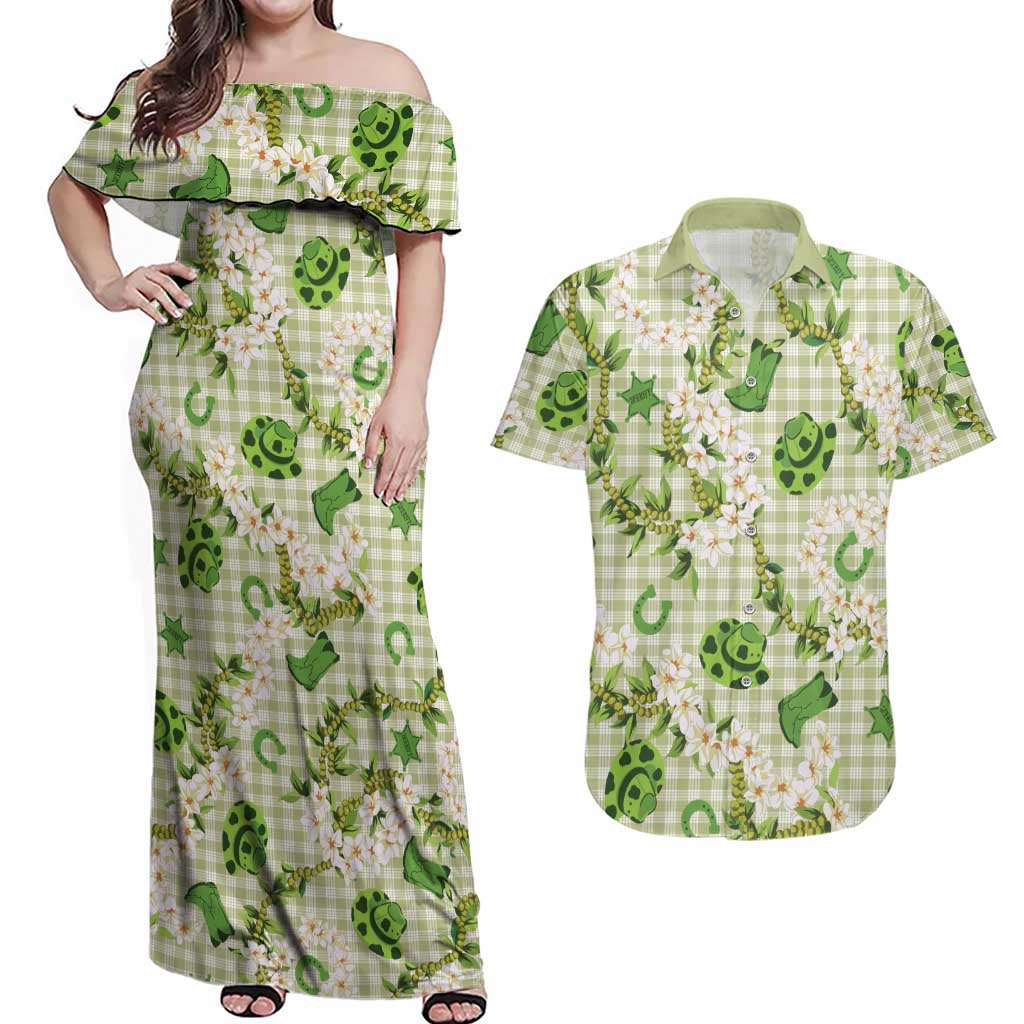 Mokihana Maile Ilima Leis Paniolo Palaka Couples Matching Off Shoulder Maxi Dress and Hawaiian Shirt Hawaiian Omaomo Ala Spirit - Polynesian Pride
