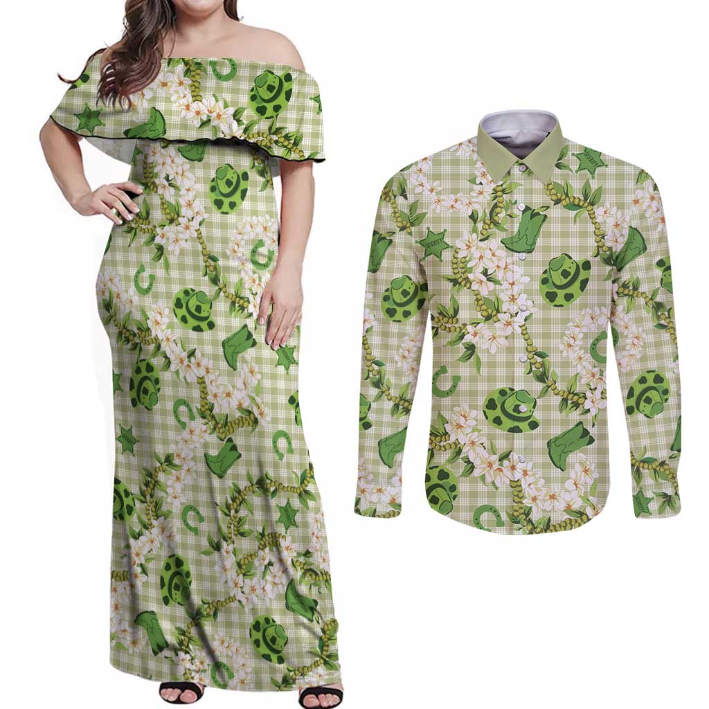 Mokihana Maile Ilima Leis Paniolo Palaka Couples Matching Off Shoulder Maxi Dress and Long Sleeve Button Shirt Hawaiian Omaomo Ala Spirit - Polynesian Pride