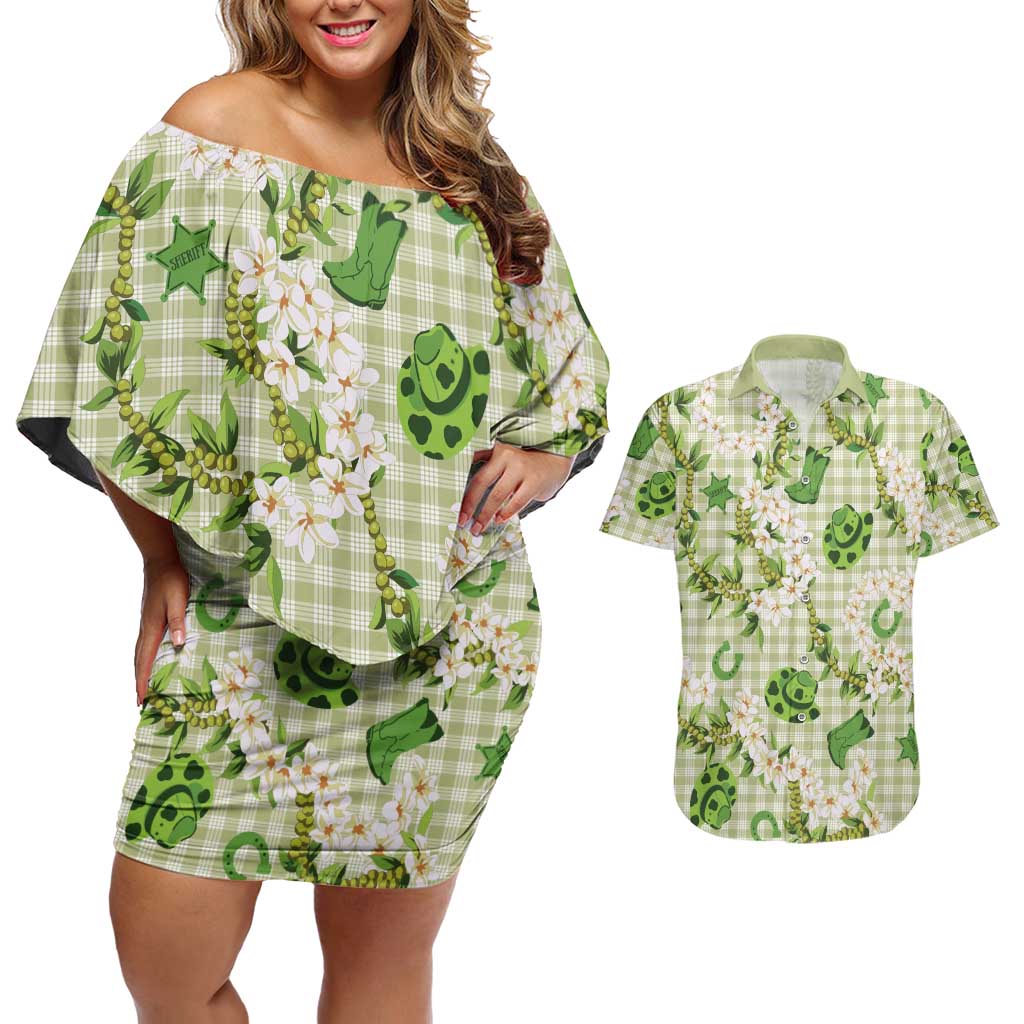 Mokihana Maile Ilima Leis Paniolo Palaka Couples Matching Off Shoulder Short Dress and Hawaiian Shirt Hawaiian Omaomo Ala Spirit LT9 Green - Polynesian Pride