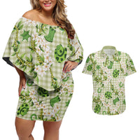 Mokihana Maile Ilima Leis Paniolo Palaka Couples Matching Off Shoulder Short Dress and Hawaiian Shirt Hawaiian Omaomo Ala Spirit LT9 Green - Polynesian Pride
