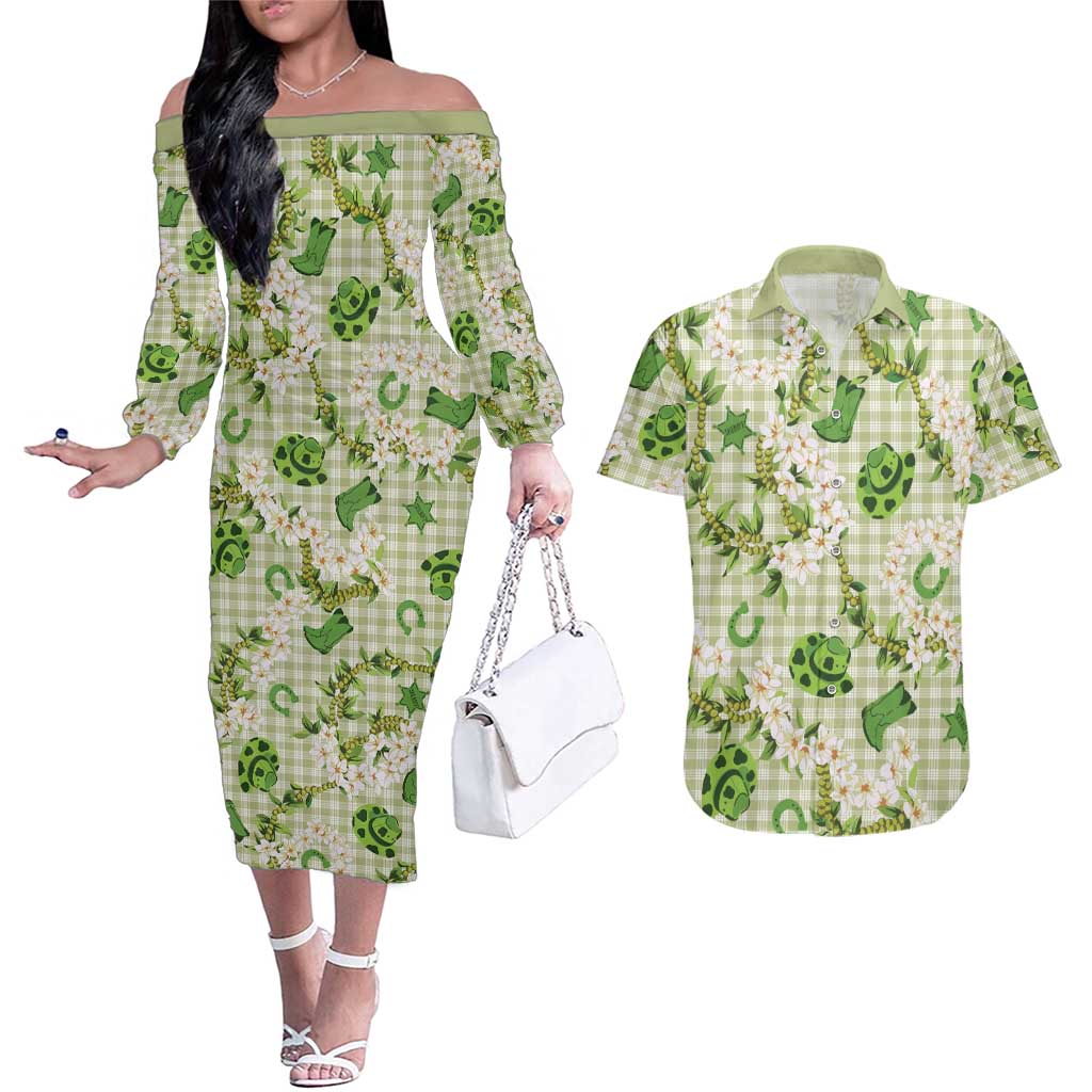 Mokihana Maile Ilima Leis Paniolo Palaka Couples Matching Off The Shoulder Long Sleeve Dress and Hawaiian Shirt Hawaiian Omaomo Ala Spirit - Polynesian Pride