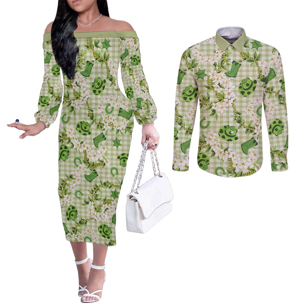 Mokihana Maile Ilima Leis Paniolo Palaka Couples Matching Off The Shoulder Long Sleeve Dress and Long Sleeve Button Shirt Hawaiian Omaomo Ala Spirit LT9 Green - Polynesian Pride