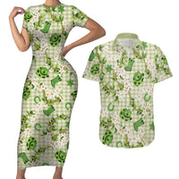 Mokihana Maile Ilima Leis Paniolo Palaka Couples Matching Short Sleeve Bodycon Dress and Hawaiian Shirt Hawaiian Omaomo Ala Spirit LT9 Green - Polynesian Pride