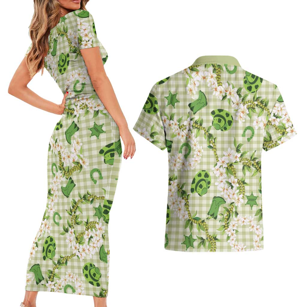 Mokihana Maile Ilima Leis Paniolo Palaka Couples Matching Short Sleeve Bodycon Dress and Hawaiian Shirt Hawaiian Omaomo Ala Spirit LT9 - Polynesian Pride