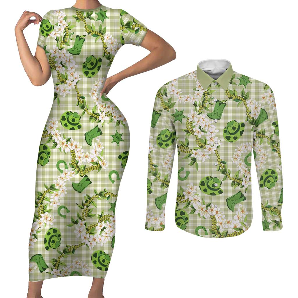 Mokihana Maile Ilima Leis Paniolo Palaka Couples Matching Short Sleeve Bodycon Dress and Long Sleeve Button Shirt Hawaiian Omaomo Ala Spirit - Polynesian Pride