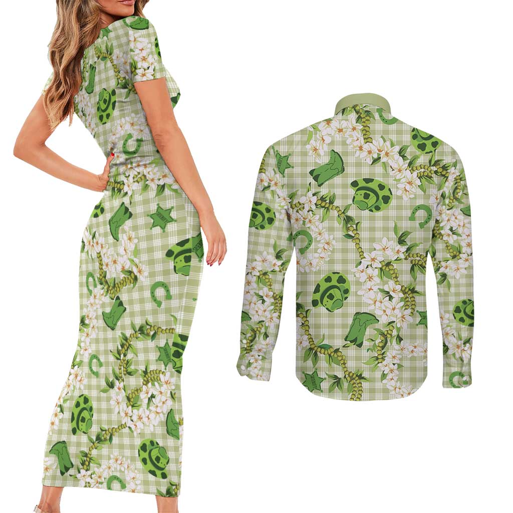 Mokihana Maile Ilima Leis Paniolo Palaka Couples Matching Short Sleeve Bodycon Dress and Long Sleeve Button Shirt Hawaiian Omaomo Ala Spirit LT9 - Polynesian Pride