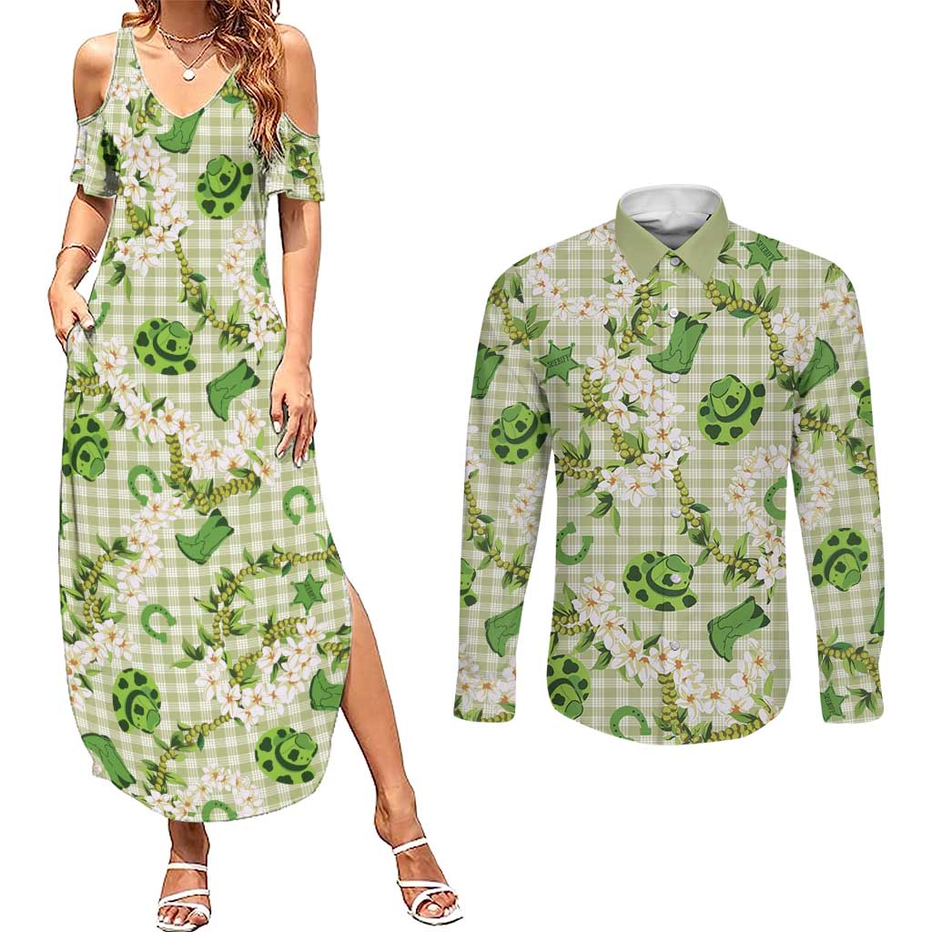 Mokihana Maile Ilima Leis Paniolo Palaka Couples Matching Summer Maxi Dress and Long Sleeve Button Shirt Hawaiian Omaomo Ala Spirit - Polynesian Pride