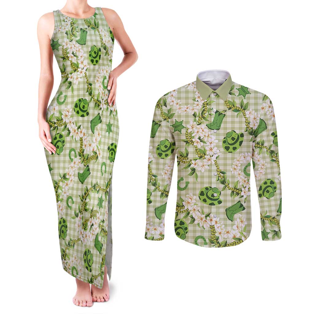 Mokihana Maile Ilima Leis Paniolo Palaka Couples Matching Tank Maxi Dress and Long Sleeve Button Shirt Hawaiian Omaomo Ala Spirit LT9 Green - Polynesian Pride
