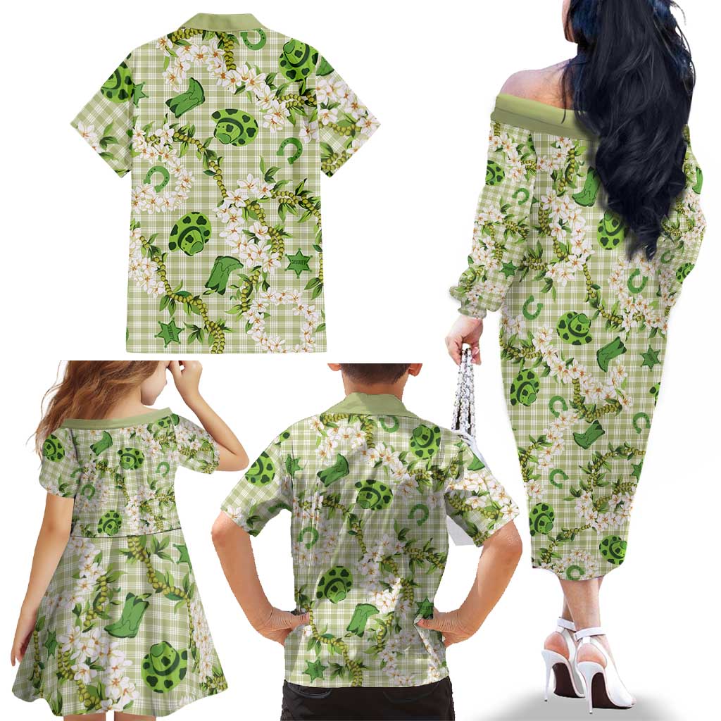 Mokihana Maile Ilima Leis Paniolo Palaka Family Matching Off The Shoulder Long Sleeve Dress and Hawaiian Shirt Hawaiian Omaomo Ala Spirit LT9 - Polynesian Pride