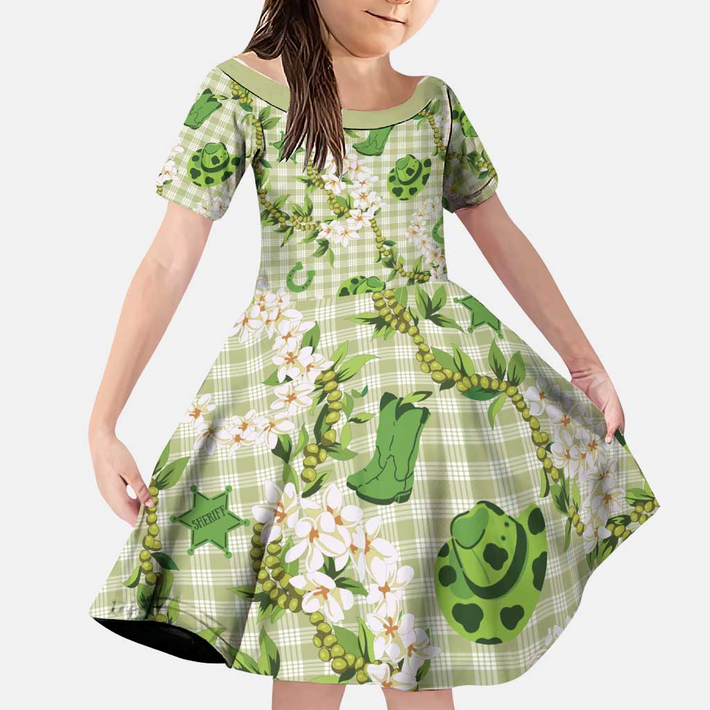 Mokihana Maile Ilima Leis Paniolo Palaka Family Matching Off Shoulder Short Dress and Hawaiian Shirt Hawaiian Omaomo Ala Spirit LT9 Daughter's Dress Green - Polynesian Pride