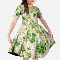 Mokihana Maile Ilima Leis Paniolo Palaka Family Matching Off Shoulder Short Dress and Hawaiian Shirt Hawaiian Omaomo Ala Spirit LT9 Daughter's Dress Green - Polynesian Pride
